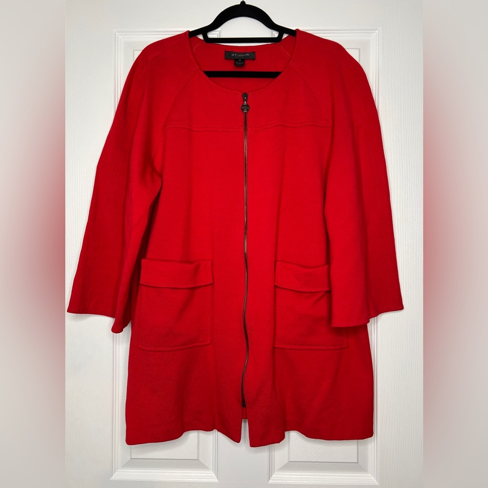 St. John Collection Red Zip-Front Knit Jacket Size XL | Classic Tailored